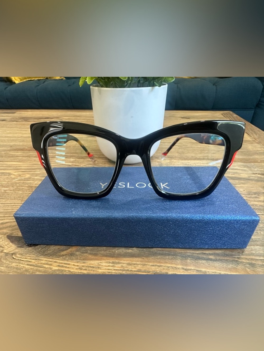 Women's Black Cat-Eye Glasses with Subtle Red Temple Accent